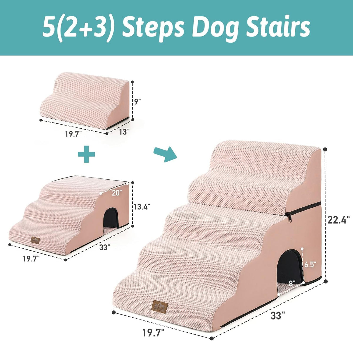 Extra Wide Dog Stairs with Tunnel, Detachable Large Pet Step for Small Medium Dog, Puppy or Cat, Ramp for High Bed, Couch, Sofa or Car, Stable, 19.7x33x22.4 inch, 5 Step, Pink