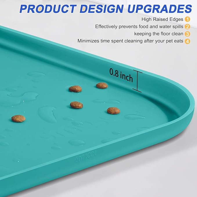 SMILOOL Waterproof Silicone Pet Food Mat with Raised Edge for Dog & Cat | 24" x 16" Non-Slip Pet Feeding Mats with Lip for Food & Water Bowl, Food Grade, Easy Cleaning, Dark Turquoise