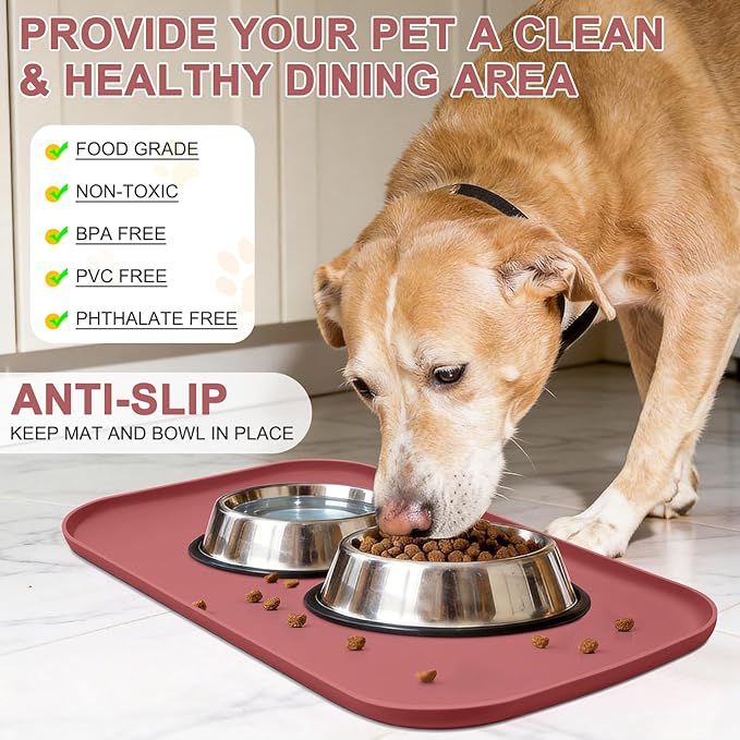 SMILOOL Waterproof Silicone Pet Food Mat with Raised Edge for Dog & Cat | 19" x 12" Non-Slip Pet Feeding Mats with Lip for Food & Water Bowl, Food Grade, Easy Cleaning, Erythrinus