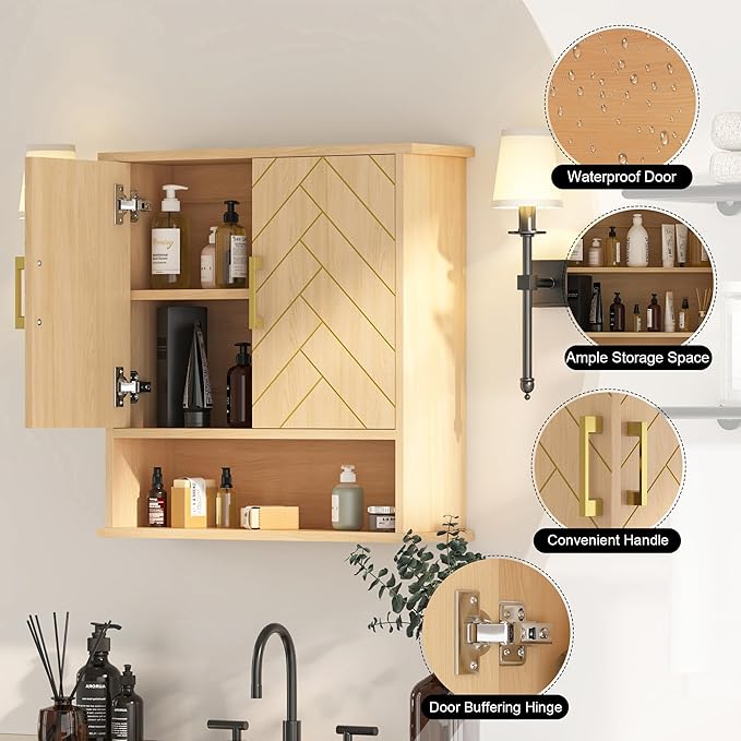 Natural Chevron Pattern Bathroom Wall Mount Cabinet, Over The Toilet Storage