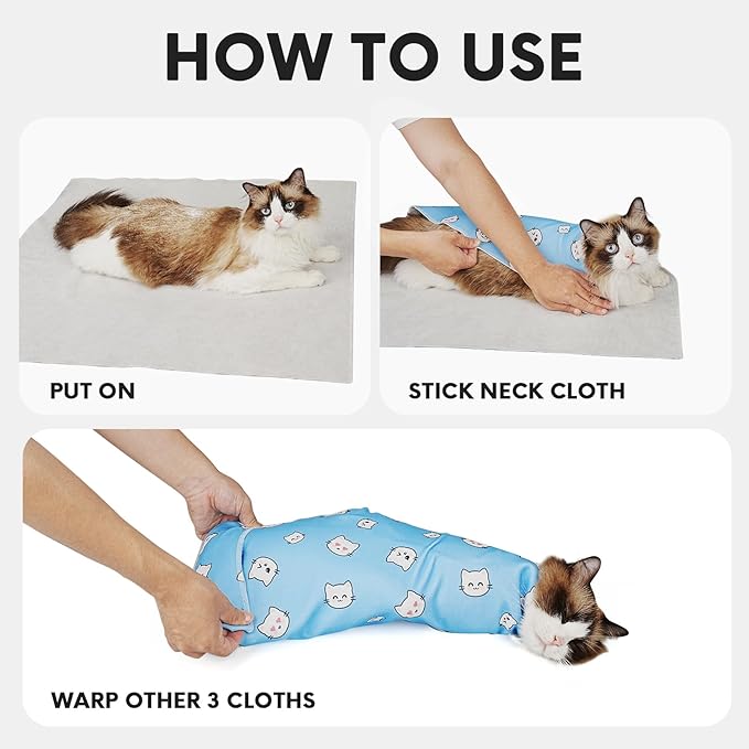 Cat Wrap for Cutting Nails, Self-Adhesive for Grooming, Anti-Scratch Cat Swaddle Wrap for Medicine, Nail Clipping, Teeth Brushing, Ear Cleaning