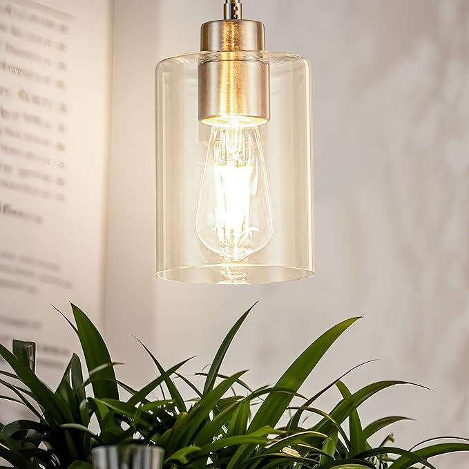MAYNA 1-Pack Brushed Nickel Ceiling Light Fixture, Simple Silver Mini Pendant with Bulb, Adjustable Rods Contemporary Hanging Lamp for Foyer, Corridor, Sink