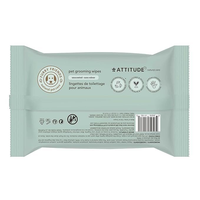 ATTITUDE Pet Grooming Wipes, Hypoallergenic Plant and Mineral-Based Ingredients, Vegan and Cruelty-Free Biodegradable Products, Unscented, 72 count (Pack of 2)