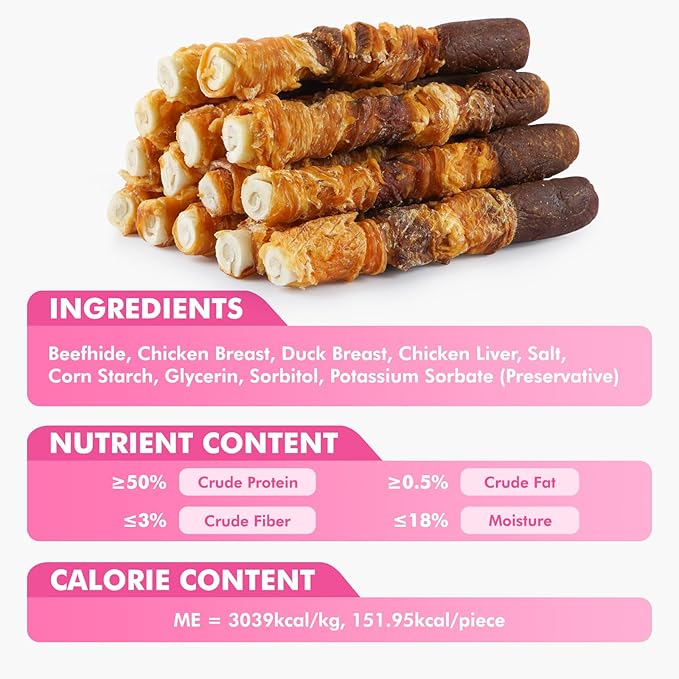 Dog Treats, Triple Flavor 6 Inch Rawhide Rolls, Chicken Duck and Chicken Liver Wrapped Rawhide Dog Chews, Suitable for Medium Dogs, 17.6 oz