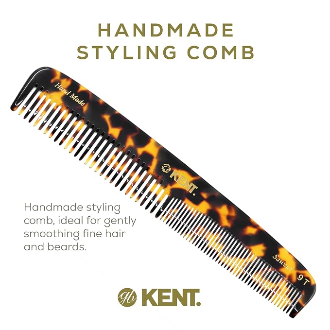 Kent 9T Fine Tooth and Wide Tooth Comb Detangler Hair Combs - Large Handmade and Saw-Cut Dressing Combs - Wet Hair Comb for Women, Durable Grooming Comb for Men, Made in England (Yellow Tokyo)