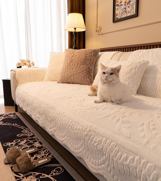 White Fuzzy Rabbit Plush Sofa Cover Cozy Warm Sofa Couch Covers with 3D Jacquard Leaf Pattern Non-Slip Easy-to-Install Shaggy Sofa Slipcover Prefect for Kids Dogs Cats Cats(White,36"x47")