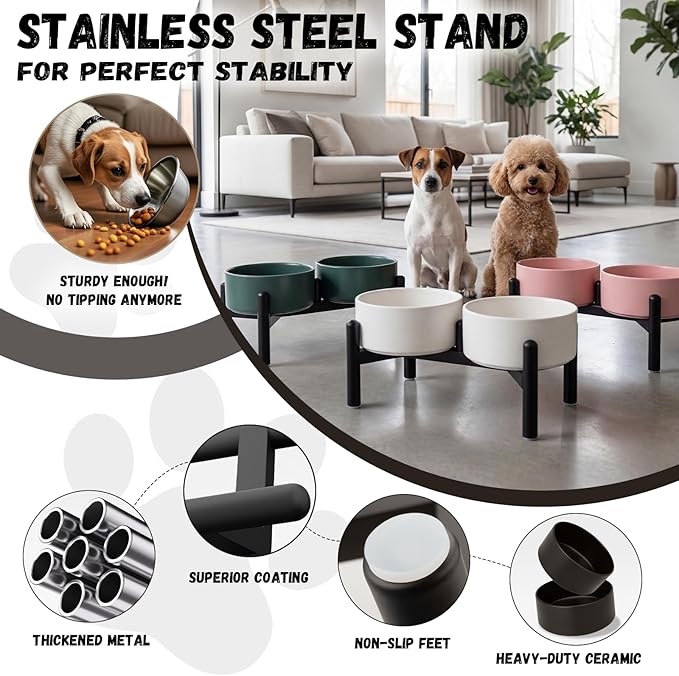 Raised Ceramic Dog Bowl Set with Stand, 3.5 Cups Elevated Dog Food Stand | 6.1'' Double Dog Food and Water Bowl Set, Non-Slip Dog Feeding Dishes for Small to Medium Breeds, 29.57 OZ, Black