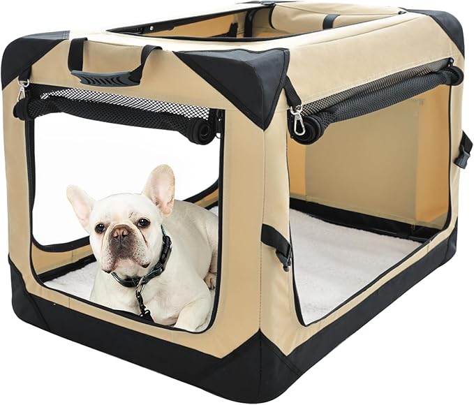 Pettycare 26 Inch Collapsible Foldable Soft Dog Kennel with Chew Proof Mesh Windows, Indoor & Outdoor Travel Dog Crate, Soft Side Dog Crate, Beige