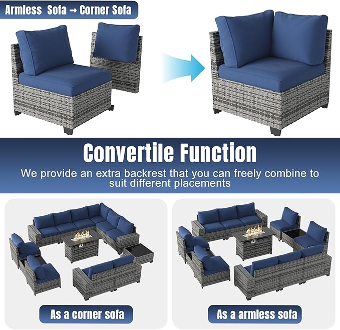 Aoxun 13 Pieces Patio Furniture Set with 44” Fire Pit Table Wicker Rattan Outdoor Sectional Conversation Set with Coffee Table and 4” Thickened Cushions, Gray/Blue(Waterproof Cover Included)
