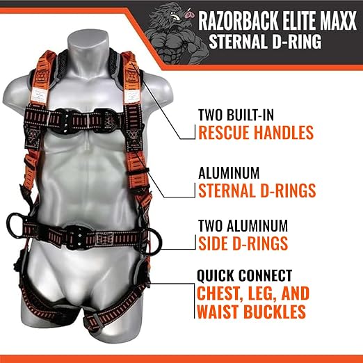 Razorback Elite MAXX - Safety Harness and Fall Protection Kit with Sewn in Lumbar Support Belt and Built-in Rescue Handles for Fall Arrest, OSHA & ANSI Compliant (Large-XLarge)