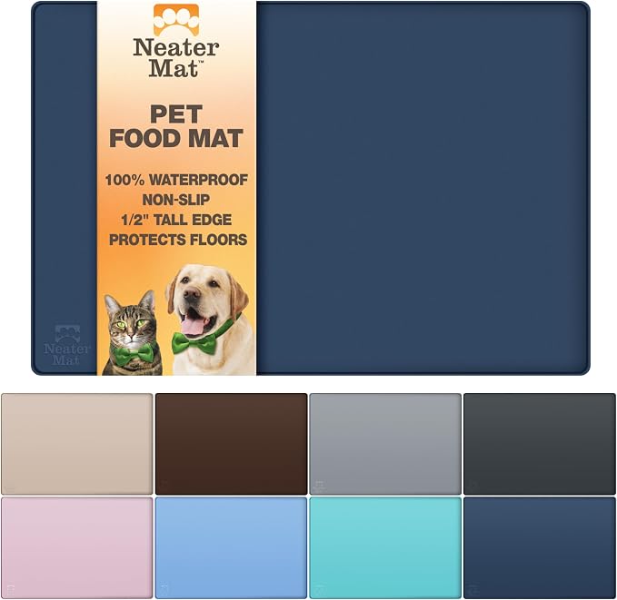 Neater Pet Brands Neater Mat Pet Mats for Food and Water, Cat & Dog Bowl Mat Waterproof Silicone, Feeding Tray, Dog Food Mats for Floors, Placemat w/Raised Edge for Under Bowls, 24" x 16", Dark Blue