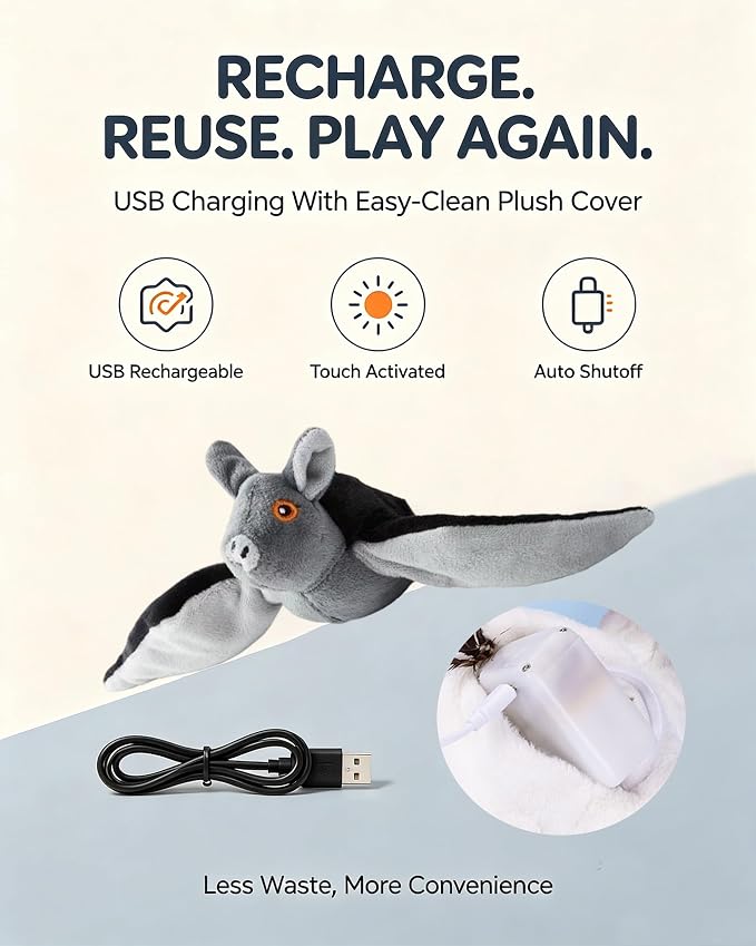 Flying Bat Dog Toy, Interactive Flying Bat Toy for Dogs with Flapping Wings, Chirping Sounds, USB Rechargeable, Touch Activated, Hanging or Floor Toy for Dogs, Puppies and Cats to Reduce Boredom，3 PCS