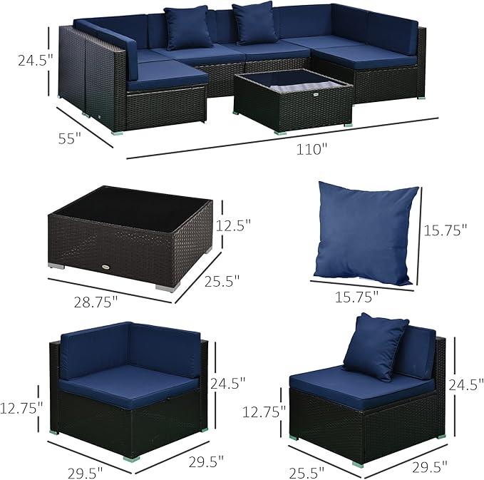 Outsunny 7-Piece Patio Furniture Sets Outdoor Wicker Conversation Sets All Weather PE Rattan Sectional Sofa Set with Cushions & Tempered Glass Desktop, Dark Blue