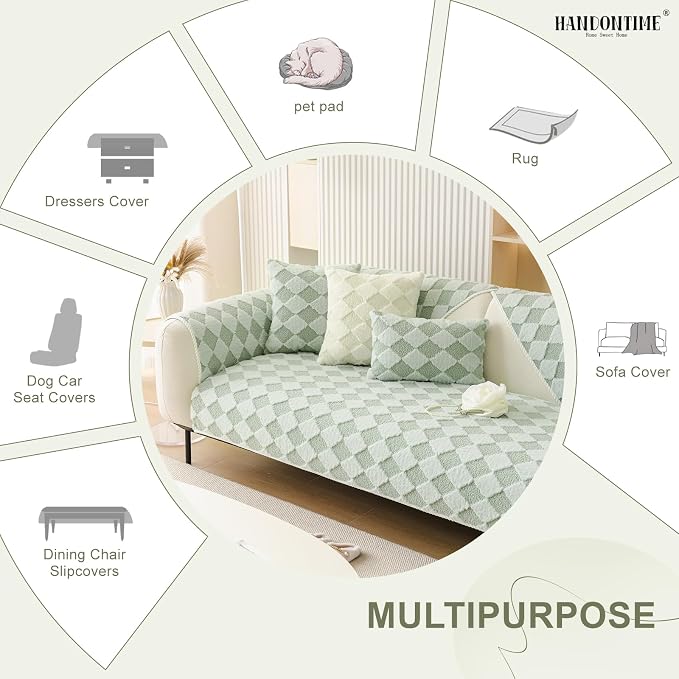 HANDONTIME Non-Slip Pet Couch Cover Washable, Plush Faux Fur Couch Protector for Cushion Pet-Friendly Sofa Covers for Dogs, Checkered Diamond Sectional Covers Dog Mat for Sofa (Green, 35.6" x 35.6")