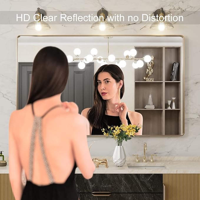 LOAAO 60”X36” Gold Bathroom Mirror, Rounded Rectangle Gold Frame Mirror