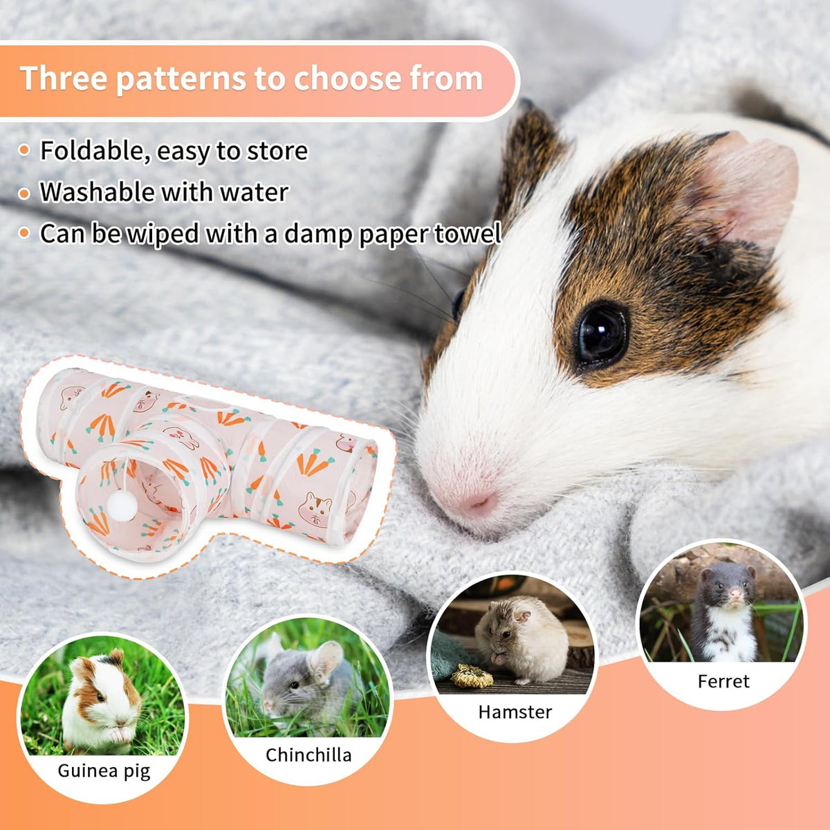 Rypet Guinea Pig Tunnel 3 Way Collapsible Small Pet Tunnels and Tubes with Interactive Ball for Baby Rabbit Ferret Hamster Chinchilla Hedgehog Hiding and Resting-White