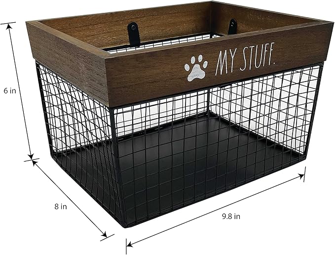 Rae Dunn Pet Toy Storage Bin - Metal and Wood Organizer for Dog Toys, Treats, Leashes - Cat Toy Basket Container - Dark Wood