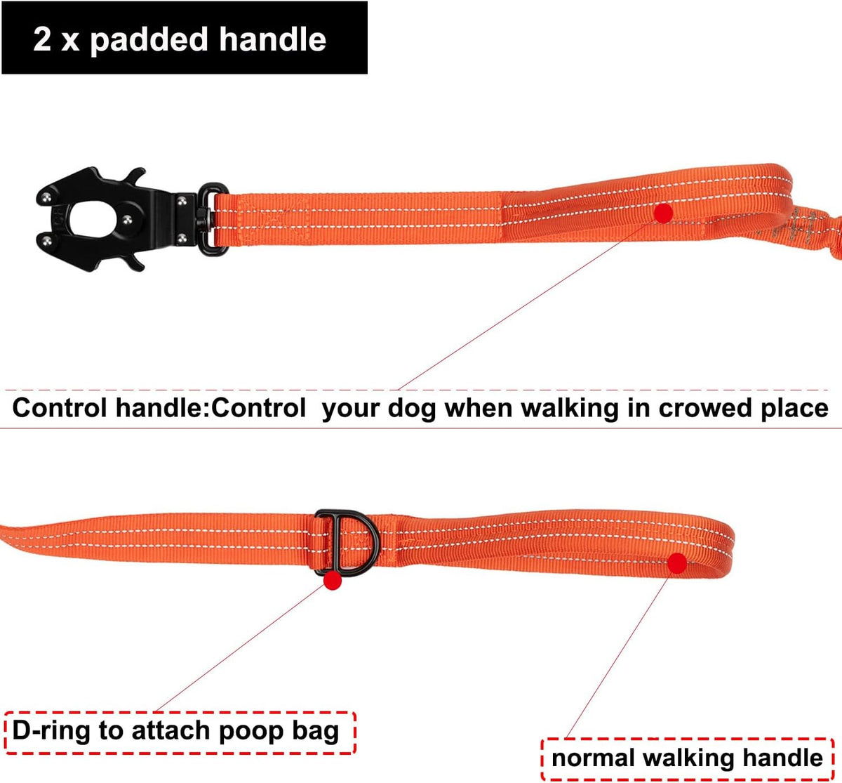 ICEFANG Tactical Dog Leash,K9 Training Walking Bungee Lead with 2 Control Handle,Heavy Duty Quick Release Metal Clasp,for Medium Large Breed (Reflective Orange, 6 FT)