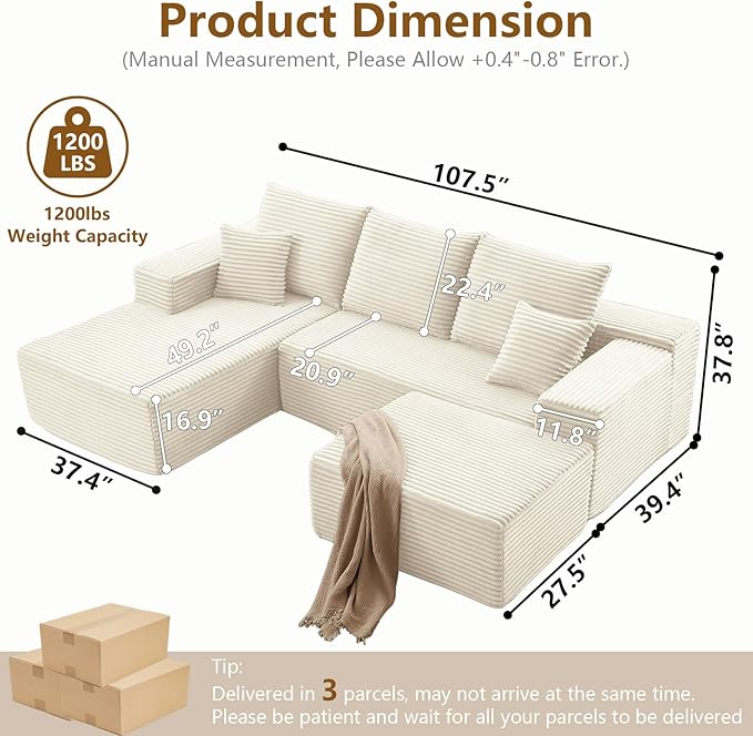 107" L-Shape Sofa with Ottoman, Modern Modular Sectional Comfy U-Shape Cloud Couch, Deep Seat, Upholstered Corduroy Sleeper Chaise Longue for Living Room Bedroom, No Assembly Required, White