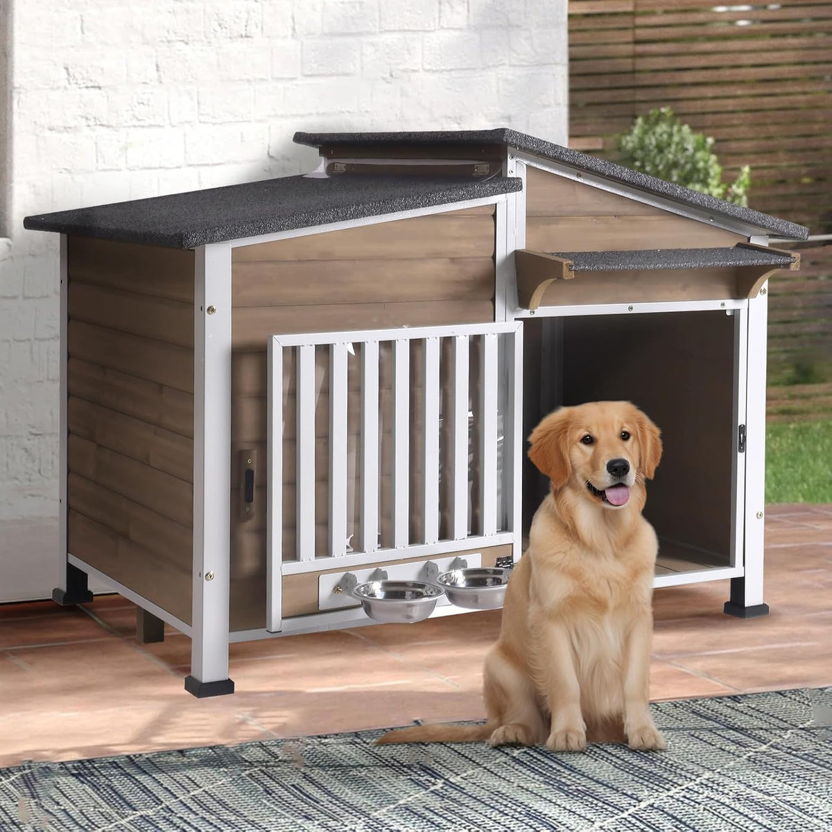 Chew-Resistant Dog House with Metal Frame, Wooden Kennel for Indoor & Outdoor Use, Waterproof Roof & Feeding Bowls Included (Brown, L)