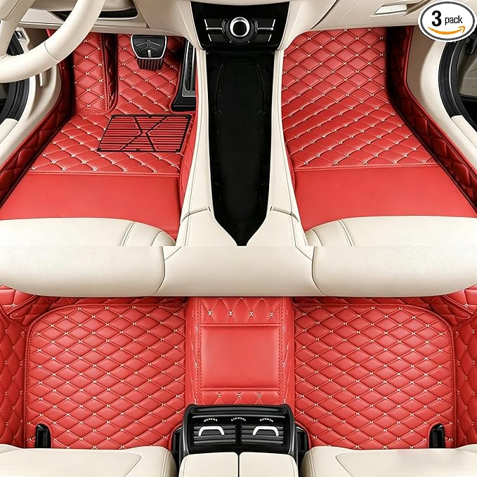 Custom Car Floor Mats with Personalized Text & Image, Unique Leather All-Weather Compatible with 99% Vehicles, DIY Photo Name Logo Gift for Sedan SUV Truck(Red)