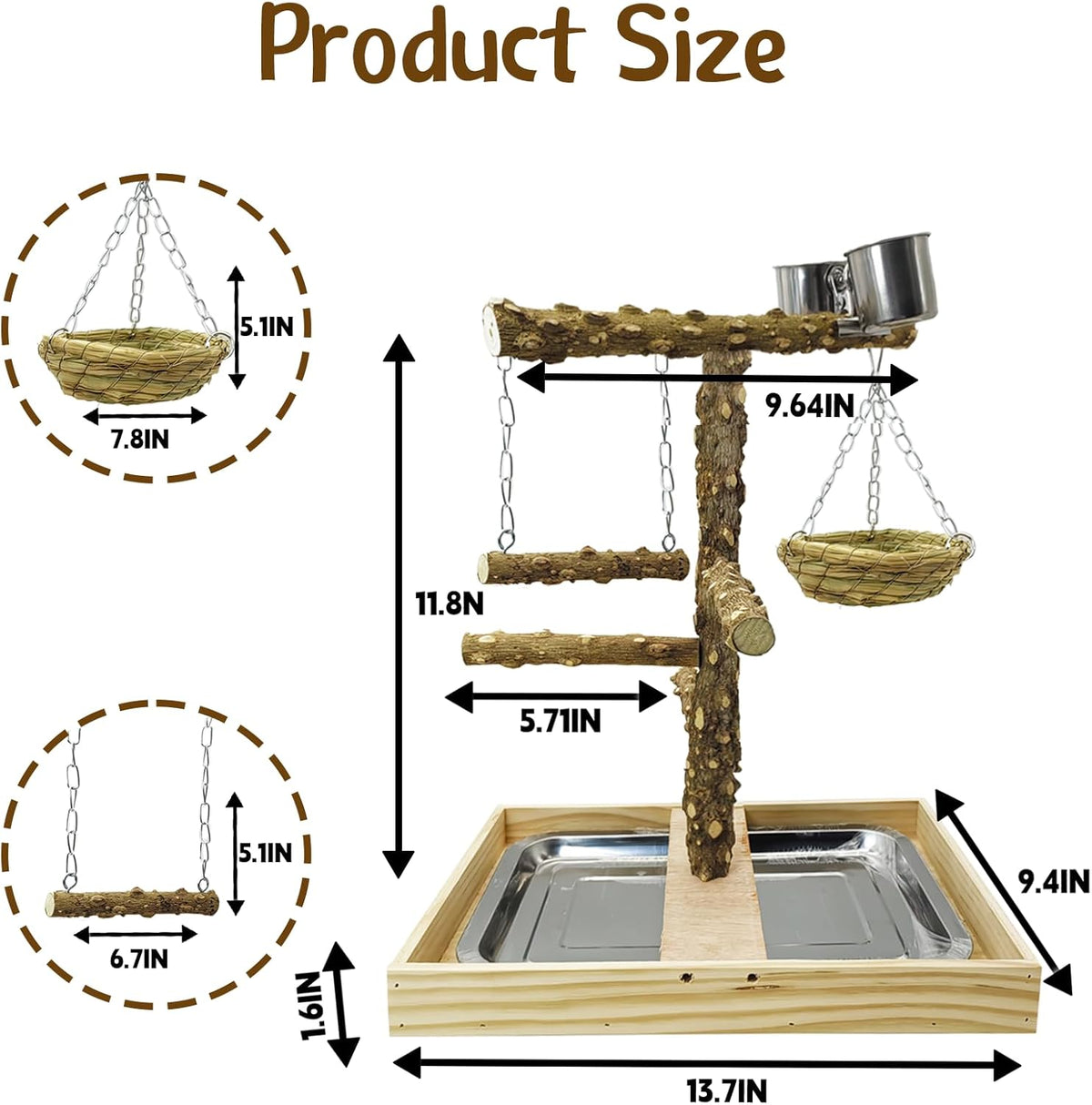 Tfwadmx Bird Perch Natural Wood Stand Toy Parrot Play Stand Platform and Hanging Bird Nests Bird Cage with Removable Tray and 2 Stainless Steel Cups for Parakeets Canaries Cockatiels Conure Lovebirds