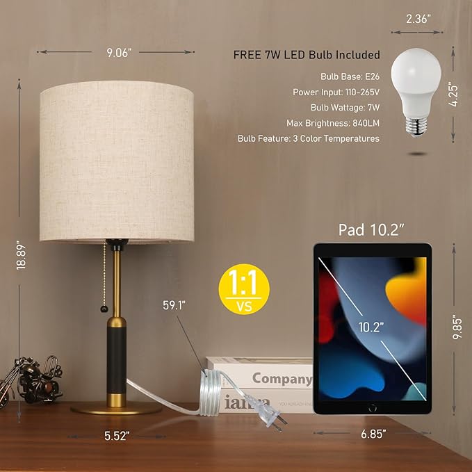18.9" Bedside Table Lamp for Nightstand 3-Color Temperatures Living Room Lamp for Bedroom Wood Fabric Pull Chain Switch Small Desk Lamps Home Office End Table Room Decor (Light Brown+Brass)