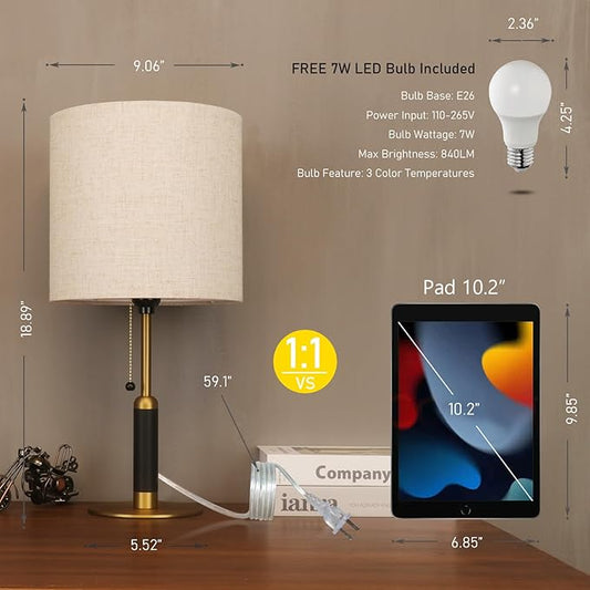 18.9" Bedside Table Lamp for Nightstand 3-Color Temperatures Living Room Lamp for Bedroom Wood Fabric Pull Chain Switch Small Desk Lamps Home Office End Table Room Decor (Light Brown+Brass)