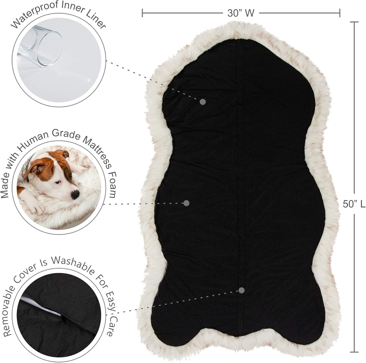 IHAPPYDOG Luxury Faux Fur Orthopedic Dog Bed, Memory Foam Dog Bed for Small, Medium, Large and XL Pets, Fluffy Pet Bed with Waterproof and Washable Cover (White w/Brown Tips, 50"x30")