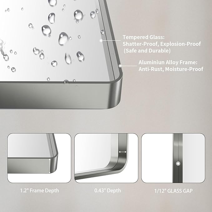 LOAAO 55X36 Inch Brushed Nickel Bathroom Mirror, Rounded Rectangle Silver Metal