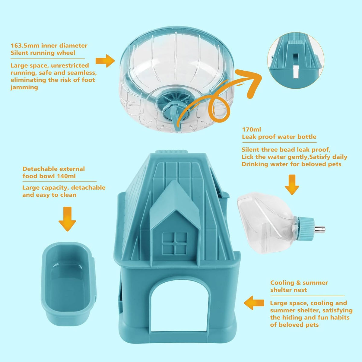 4 in 1 Silent Large Hamster Wheel Multifunctional Hamster Running Wheel Quite Running Spinner Wheel Accessories with Food Bowl Water Bottle for Hamsters Dwarf Gerbil (Blue)