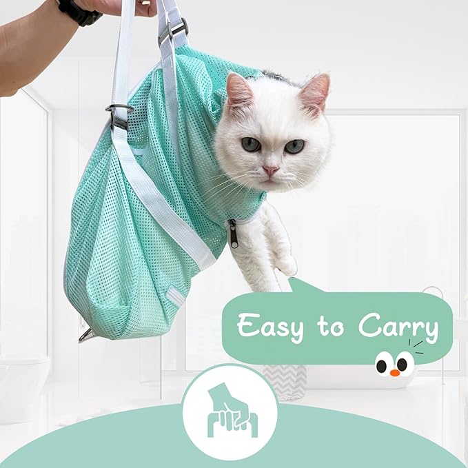 Cinf Cat Bathing Bag(Free Muzzle) Breathable Mesh Anti Scratch Adjustable Cat Grooming Bag for Nail Trimming, Bathing Soft Cat Washing Bag(Mint) L