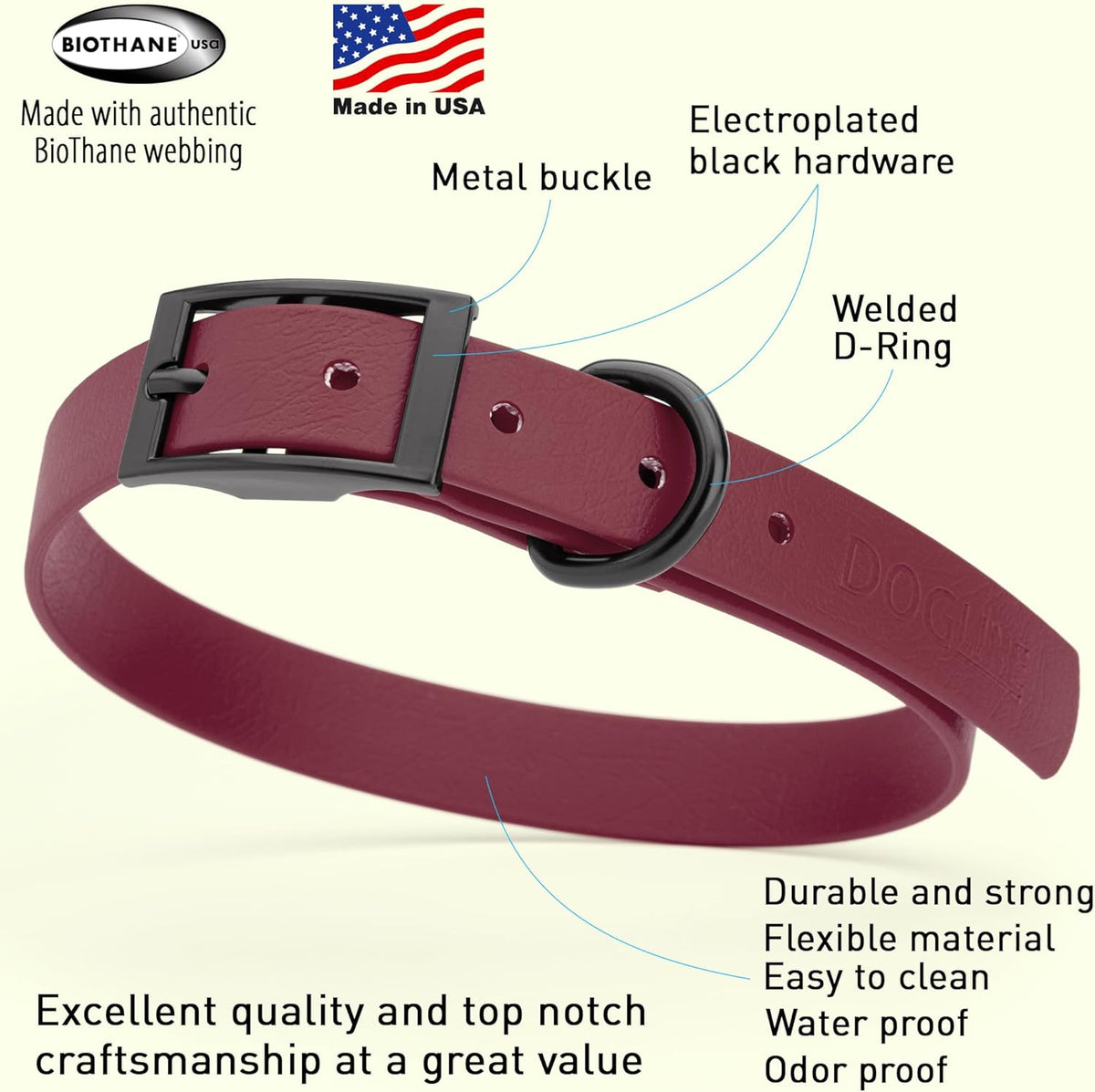 Dogline Biothane Waterproof Dog Collar Strong Coated Nylon Webbing with Black Hardware Odor- Proof for Easy Care Easy to Clean High Performance Fits Small Medium or Large Dogs, Merlot Burgundy