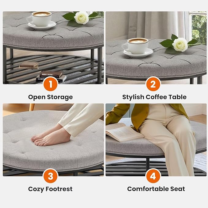 Ottoman Coffee Table with Upholstered Tufted Linen Fabric, Round Center Table with Storage Large Footrest Ottoman for Living Room Gray