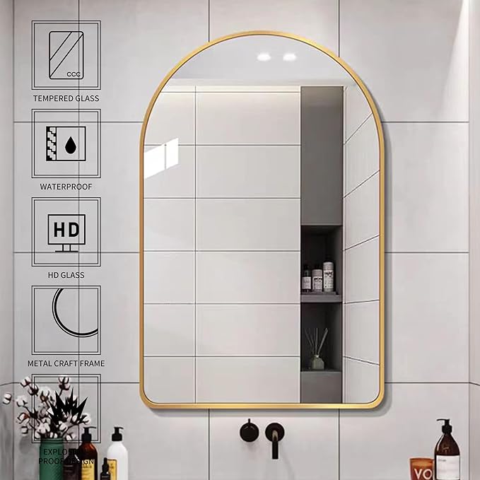 30x40 inch Gold Tempered Glass Large Arched Mirror