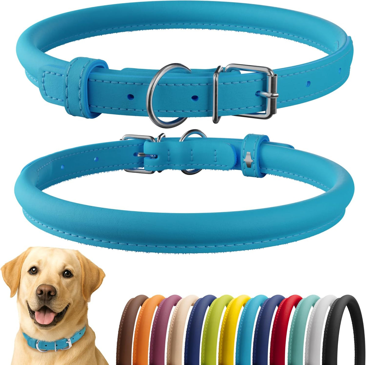 CollarDirect Rolled Leather Dog Collar, Soft Padded Round Puppy Collar, Handmade Genuine Leather Collar Dog Small Large Cat Collars 13 Colors (15-19 Inch, Light Blue)
