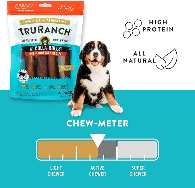 TRURANCH Collagen Rolls - 6" Collagen Rolls for Dogs - Long Lasting Healthy Joint Support - Rawhide Alternative - Skin & Coat Health - Made with Real Beef, Value Pack, 3 Bags, 12 Count