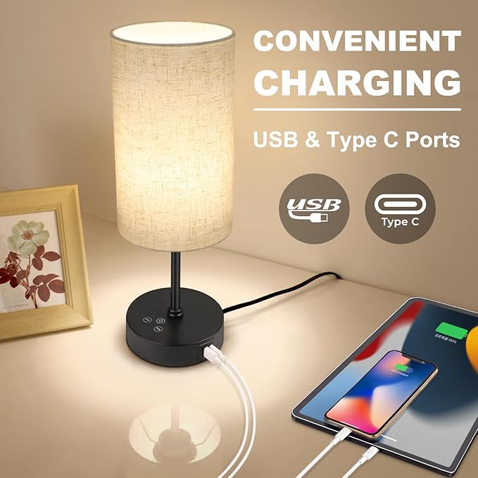 Unicozin Table Lamp, 3 CCT 3000K/4500K/6500K & RGB Color Changing, Stepless Dimmable Small Bedside Lamp for Reading, Ambience Nightstand Light for Home Decor Party, Beige Shade