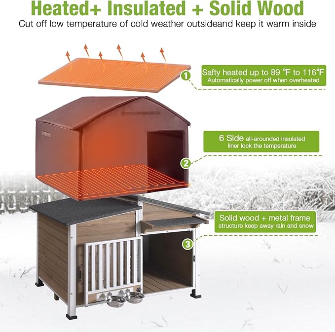 GUTINNEEN Heated Dog House Outdoor Dog Kennel with Safe Heated Pad, Chew-Proof Metal Frame and Rotating Food Bowl for Small to Medium Dogs, 39.7"x25.5"x32.2" (Light Brown)
