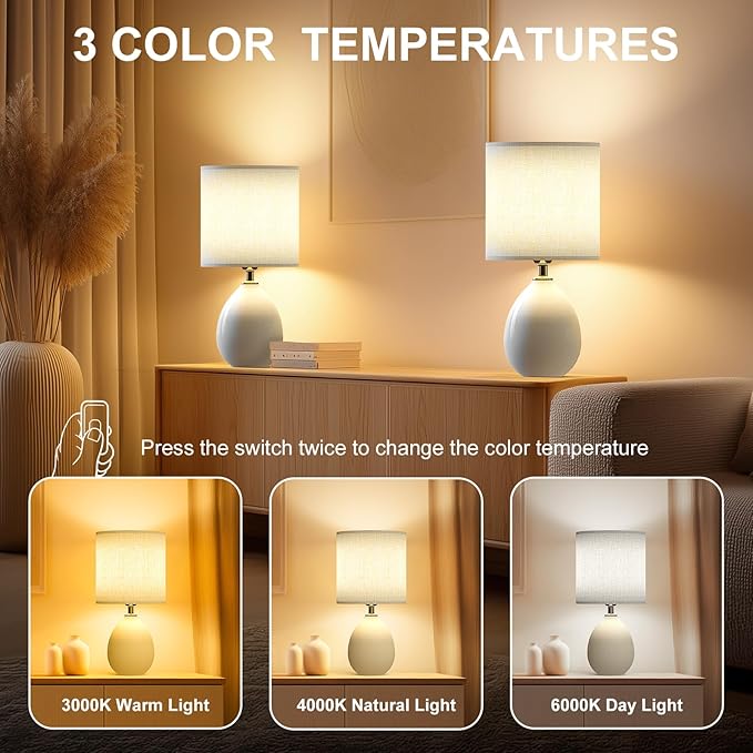 18.5" Table Lamp Set of 2 for Living Room Bedroom, Bedside Lamps for Night Stands, Desk Nightstand Lamp Dimmable, Modern Linen Cream Ceramic Lamps