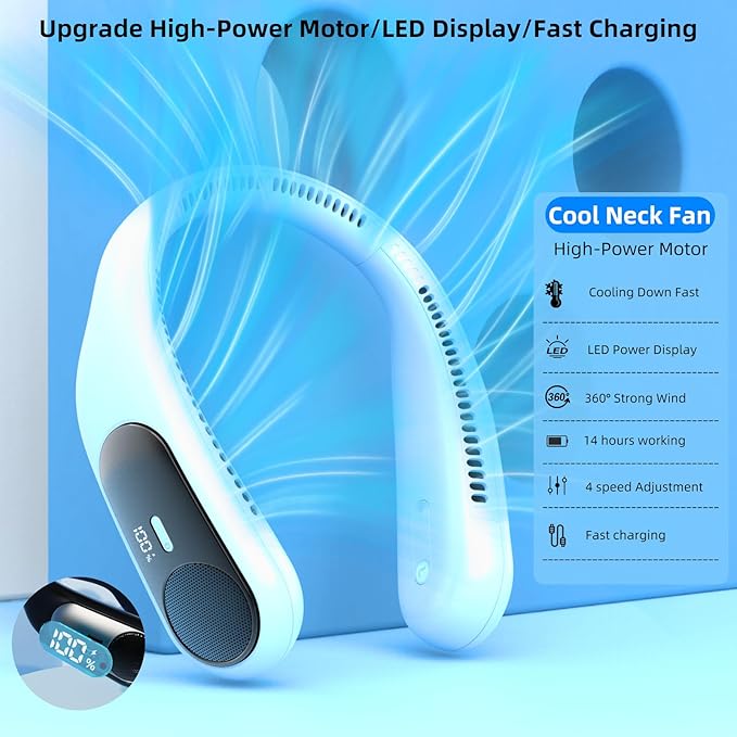Portable Neck Fan, Personal Wearable Bladeless Fan, LED Display, 6000mAh USB