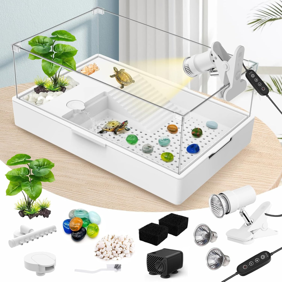 GOZILLA Large Turtle Tank Kit+Water Pump+Lamp, Acrylic Turtle Tank Starter Kit with Adjustable 5W Water Pump and Timing/Dimming Lamp, Multi-Functional Area for Small/Medium Turtles(Large-White Kit).