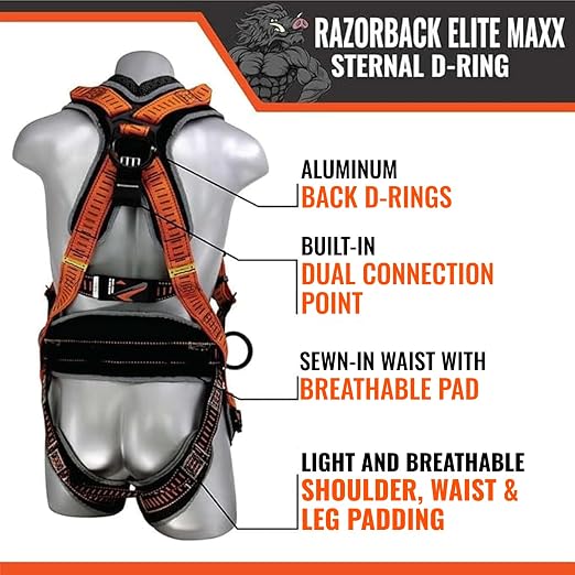 Razorback Elite MAXX - Safety Harness and Fall Protection Kit with Sewn in Lumbar Support Belt and Built-in Rescue Handles for Fall Arrest, OSHA & ANSI Compliant (Large-XLarge)