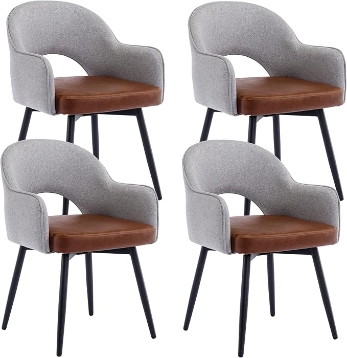 DUOMAY Modern Swivel Dining Chairs Set of 4, Linen & Faux Leather Upholstered Accent Side Chair, Home Office Desk Chair with No Wheels for Dining Room Living Room Office, Light Grey