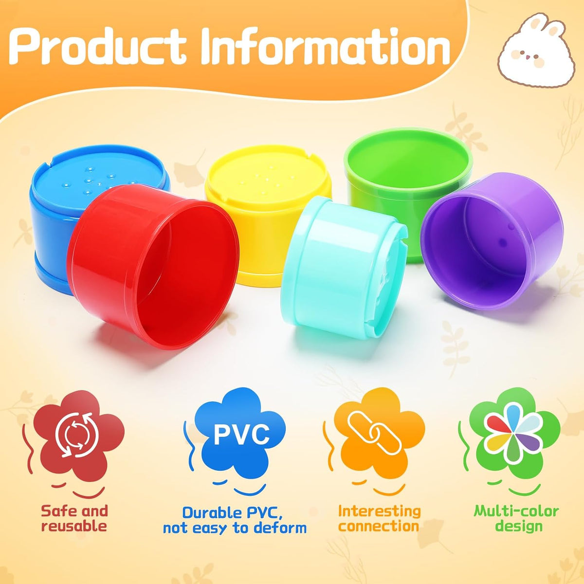 MEWTOGO 8 Pcs Stacking Cups for Rabbits - Safe Reusable Bunny Toys in Different Sizes, Durable Rainbow Colored Nesting Toys for Small Animals, Bunny Hiding Food Playing Gifts