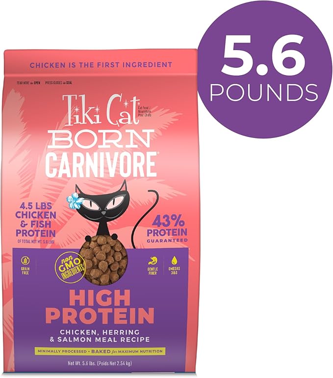 Tiki Cat Born Carnivore High Protein, Chicken, Herring & Salmon Meal, Grain-Free Baked Kibble to Maximize Nutrients, Dry Cat Food, 5.6 lbs. Bag