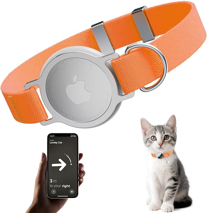 AirTag Cat Collar, Ultra Elastic Cat Tracker Collar, Airtag Holder Compatible with Apple Air Tag, [Lightweight & Scratch Resistant] Adjustable Stepless GPS Pet Collar for Cats Kittens, Orange