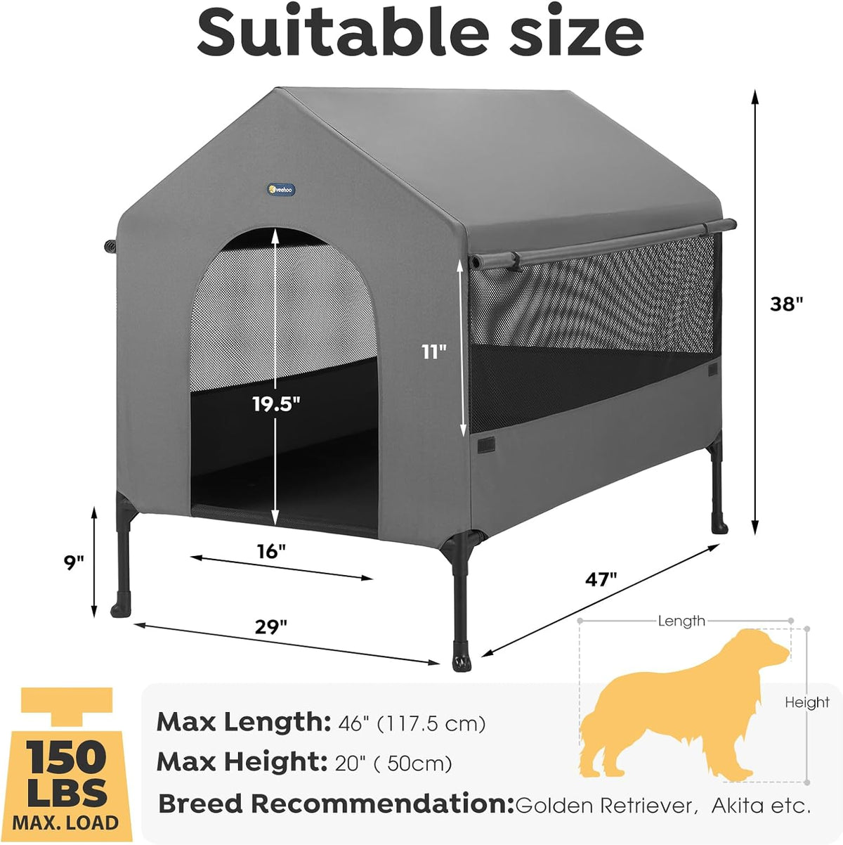 Veehoo 47" Dog House, 2-in-1 X-Large Dog House Outdoor Indoor Weatherproof, Outside Elevated Dog Cot Bed Dog Tent Shade, Three-Sided Breathable Mesh Windows and Sunshades, CWC2435CP
