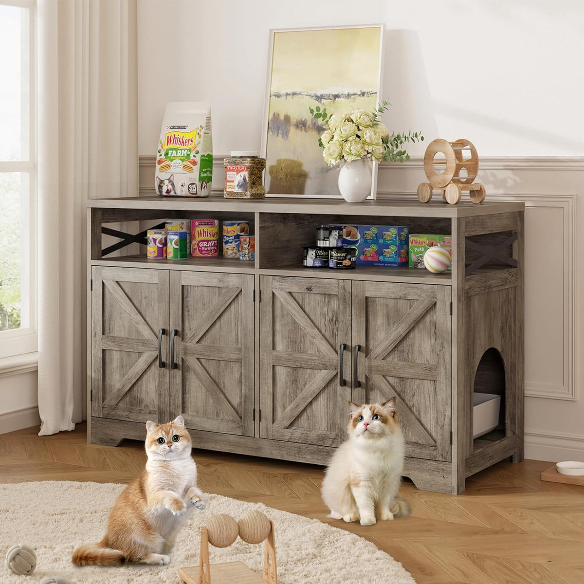 Cat Litter Box Enclosure for 2 Cats, 47" Hidden Litter Box Furniture Cat Washroom with Double Large Room, Farmhouse Indoor Litter Box Cabinet TV Stand, Grey