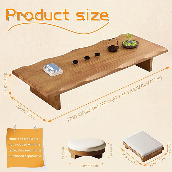 Solid Wood Japanese Tea Table, Simple and Modern Low Design, Tatami Tea Style, Zen-Inspired Kotatsu, Bay Window Seating, Floor Style (Black, 200 * 60 * 35cm)